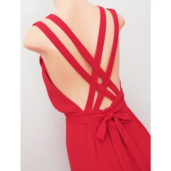 Red Crisscross Strap Backless Sexy V Neck Jumpsuit - Picture 2 of 9